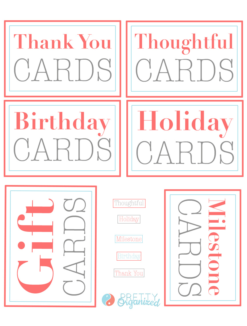 Labels for organizing a greeting card binder. Categories include thank you cards, holiday cards, birthday cards, milestone cards, thoughtful cards, and gift cards.