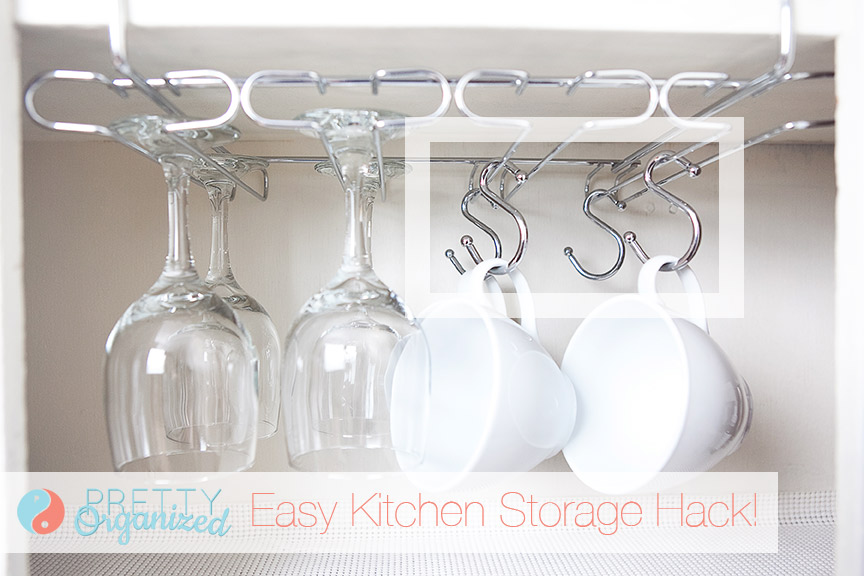 Kitchen Storage Hack: Use Shower hooks & an under-shelf stemware rack to store wine glasses AND mugs!